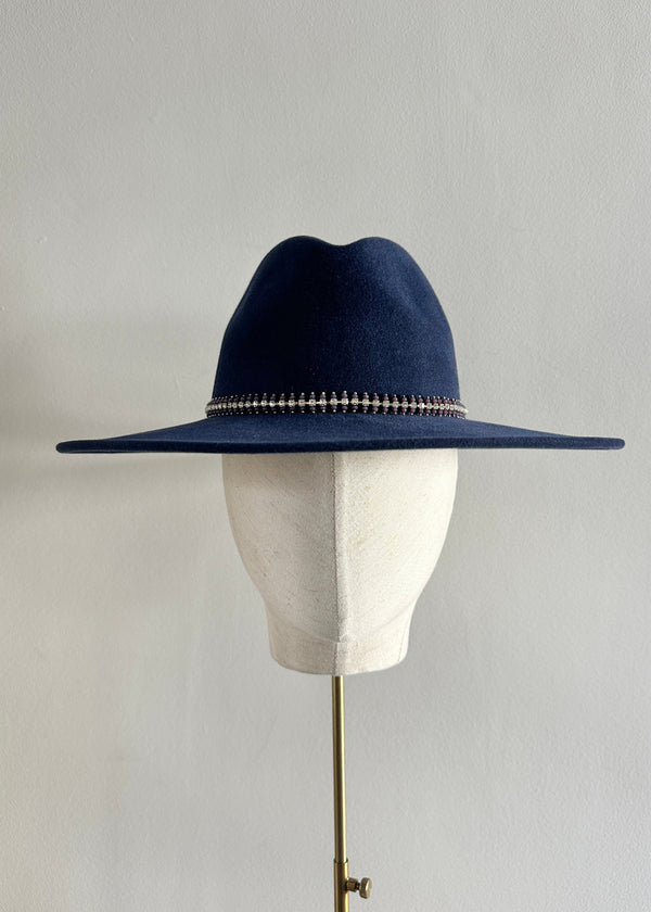 Maria Fedora in Luxury Felt with Crystal Trim in Navy