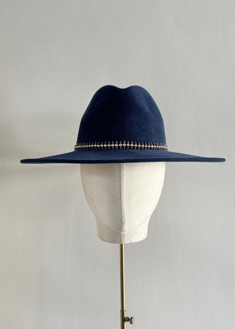 Maria Fedora in Luxury Felt with Crystal Trim in Navy