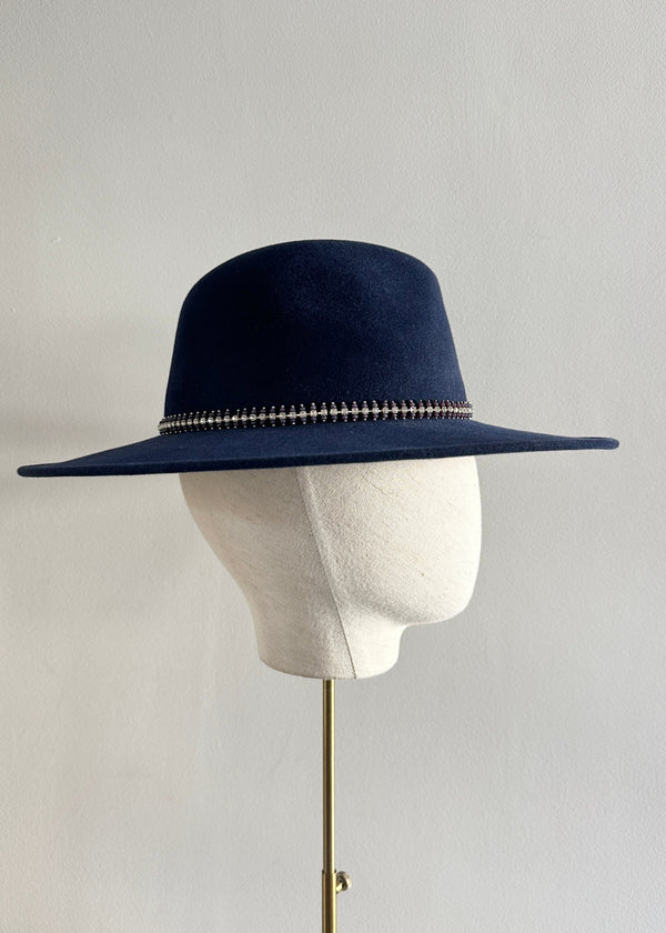 Maria Fedora in Luxury Felt with Crystal Trim in Navy