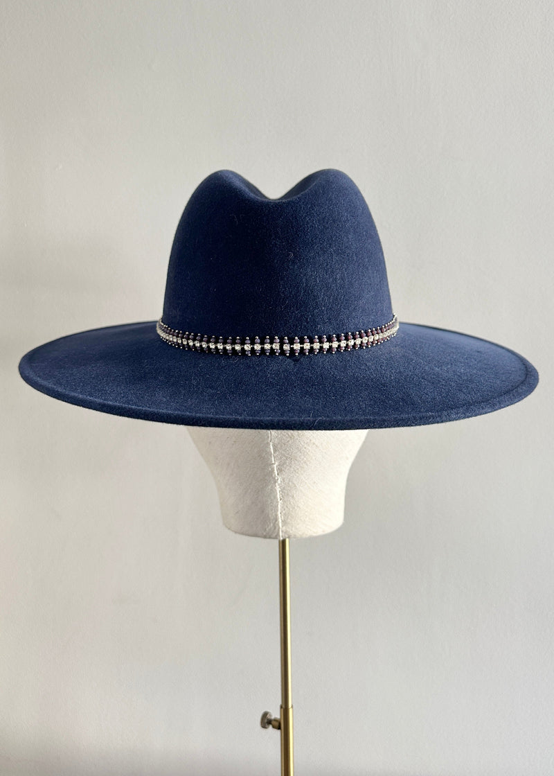 Maria Fedora in Luxury Felt with Crystal Trim in Navy