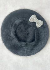 Mohair Beret with Silver Crystal Bow in Black