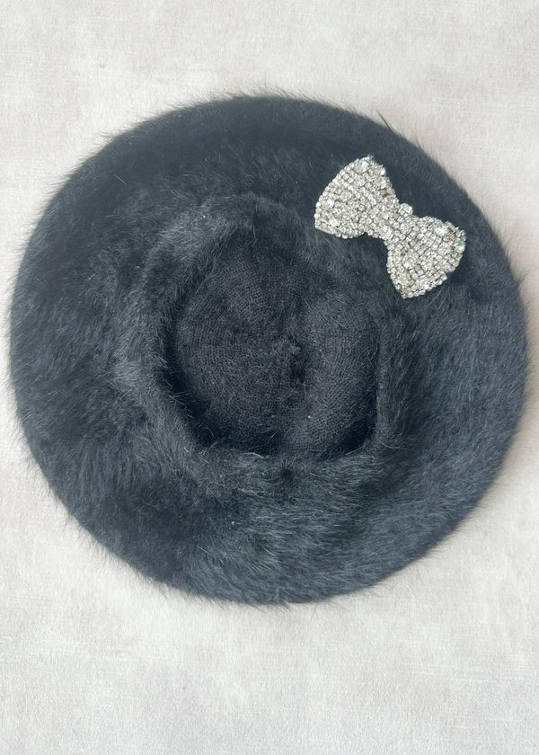 Mohair Beret with Silver Crystal Bow in Black