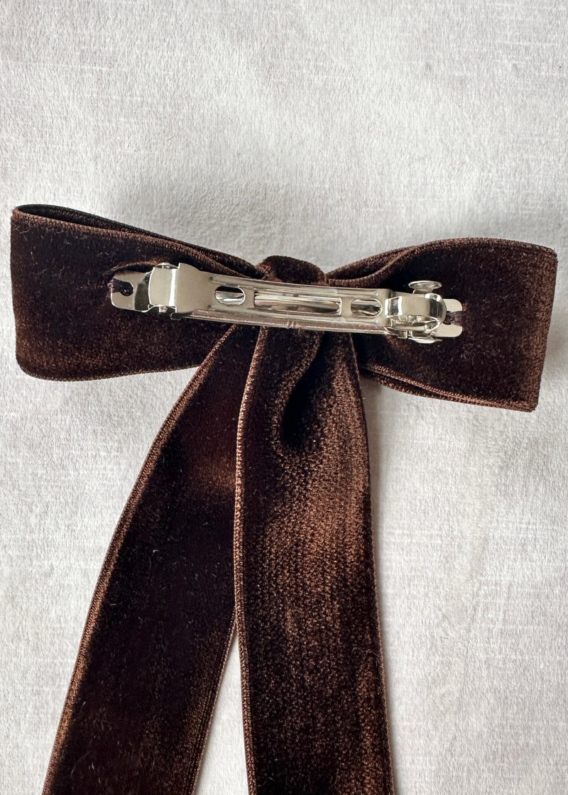 Double Velvet Long Hair Bow in Dark Chocolate