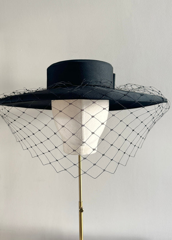 Oversized Satin Boater Hat with Veiling in Black