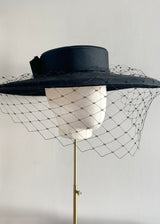 Oversized Satin Boater Hat with Veiling in Black