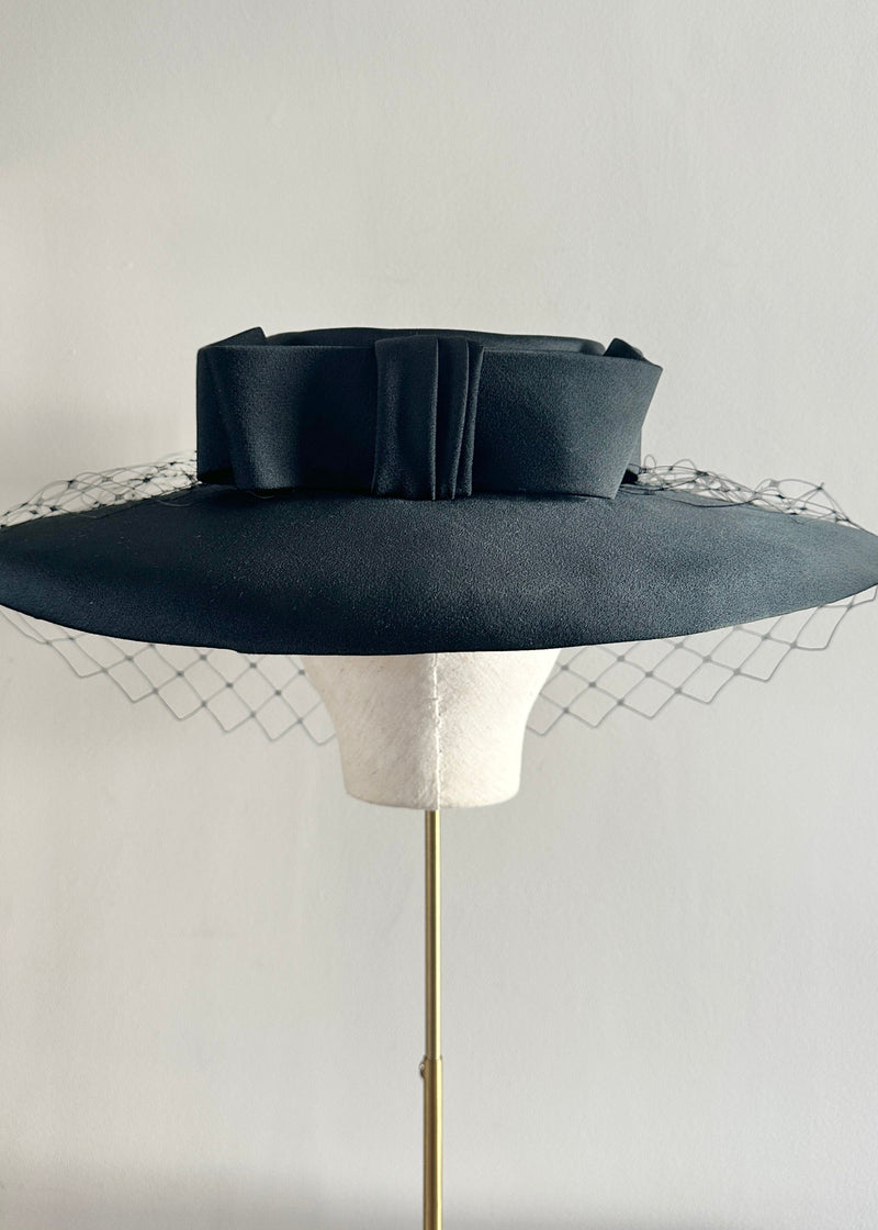 Oversized Satin Boater Hat with Veiling in Black