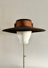 Oversized Felt Boater Hat with Satin Bow in Brown