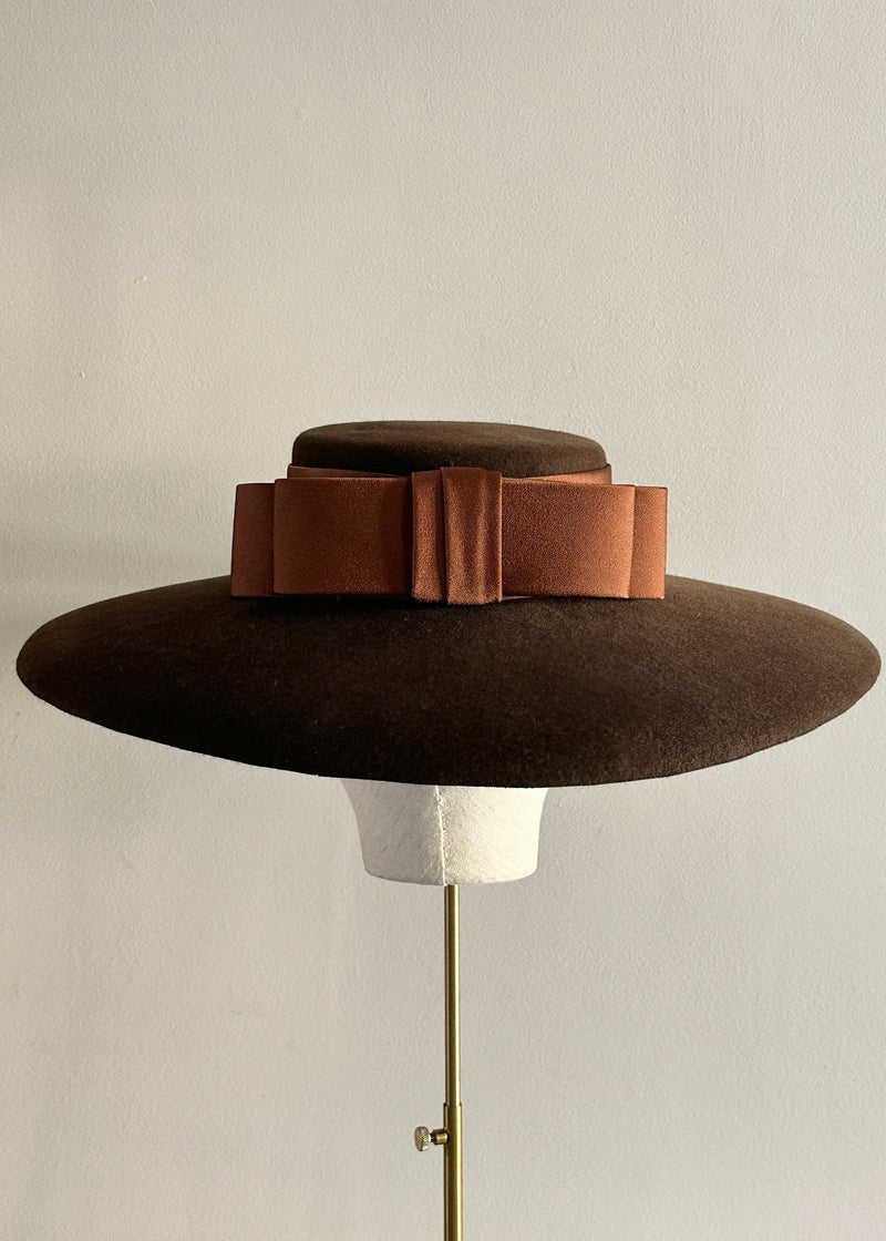 Oversized Felt Boater Hat with Satin Bow in Brown