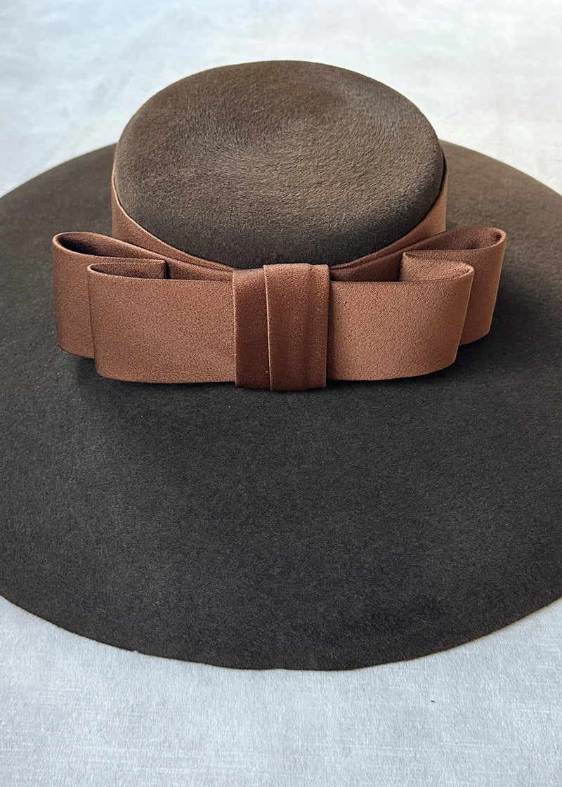 Oversized Felt Boater Hat with Satin Bow in Brown