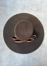 Oversized Felt Boater Hat with Satin Bow in Brown