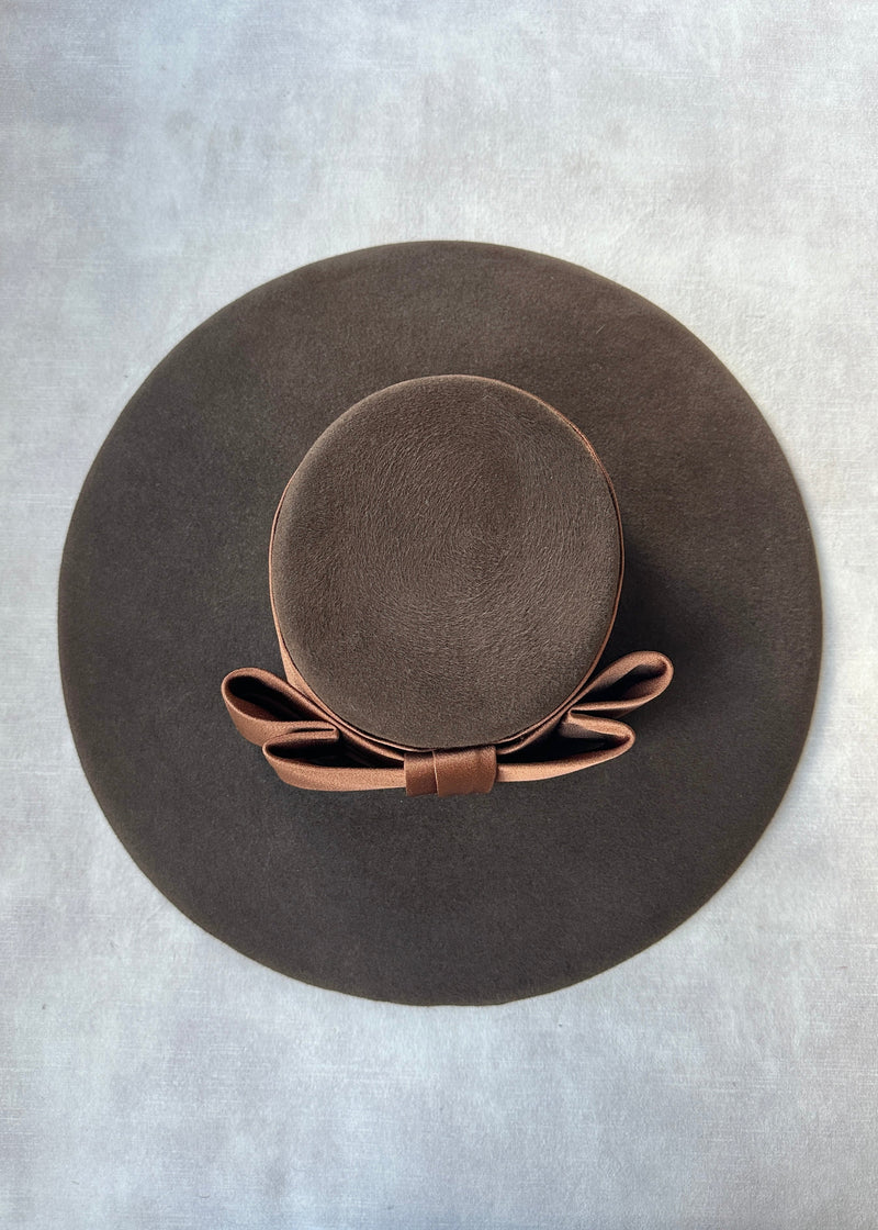 Oversized Felt Boater Hat with Satin Bow in Brown