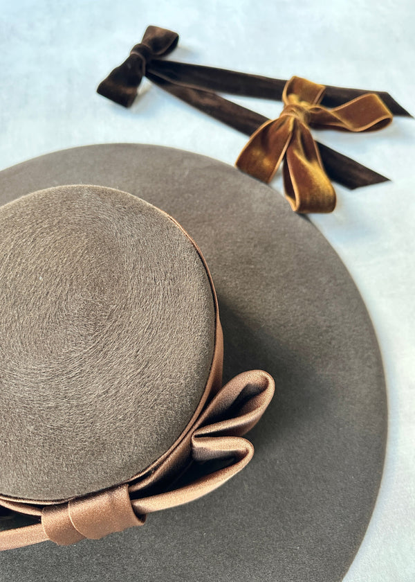 Oversized Felt Boater Hat with Satin Bow in Brown