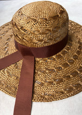 Luxury Sun Hat in Straw with Brown Ribbon in Brandy