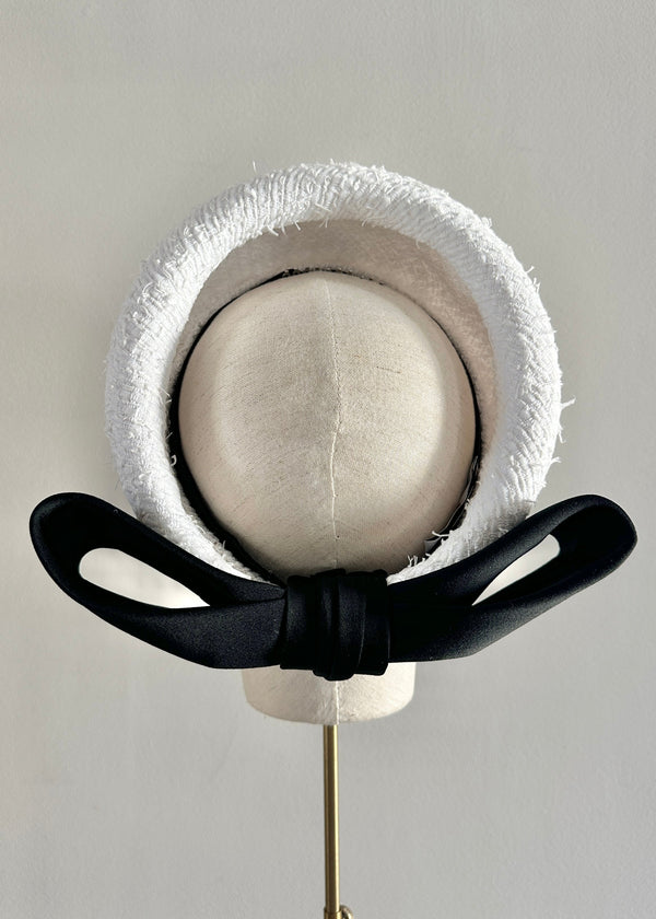 The Halo® in Tweed with Black Satin Bow in White