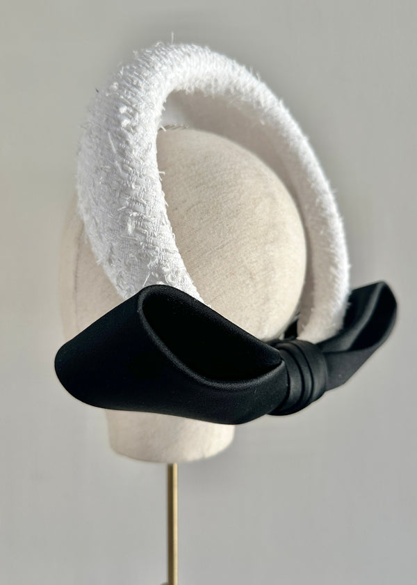 The Halo® in Tweed with Black Satin Bow in White