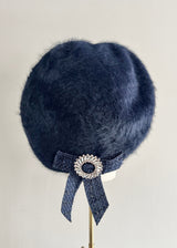 Beret in Mohair with Tweed and Crystal Bow in Navy
