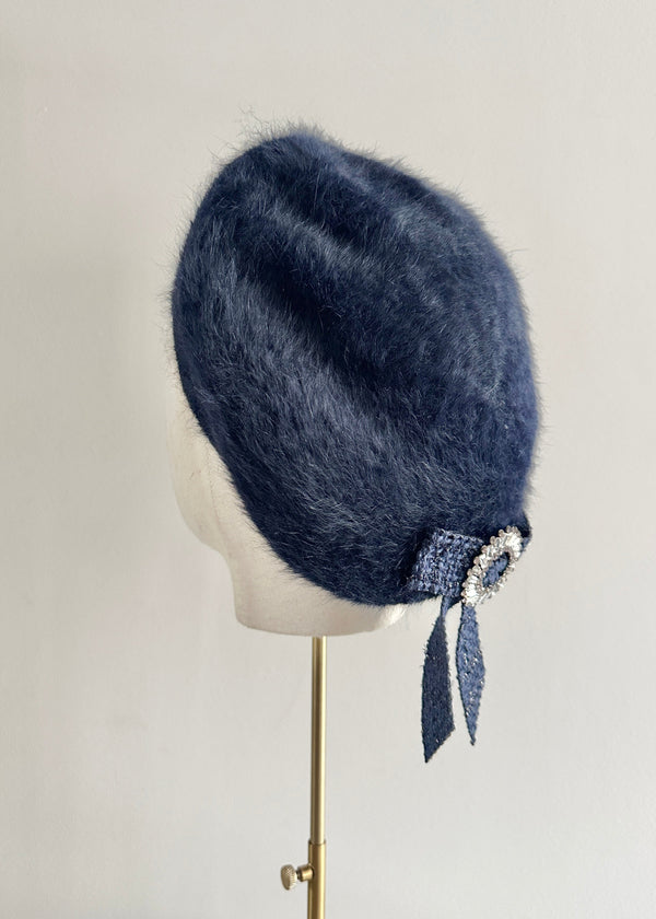 Beret in Mohair with Tweed and Crystal Bow in Navy