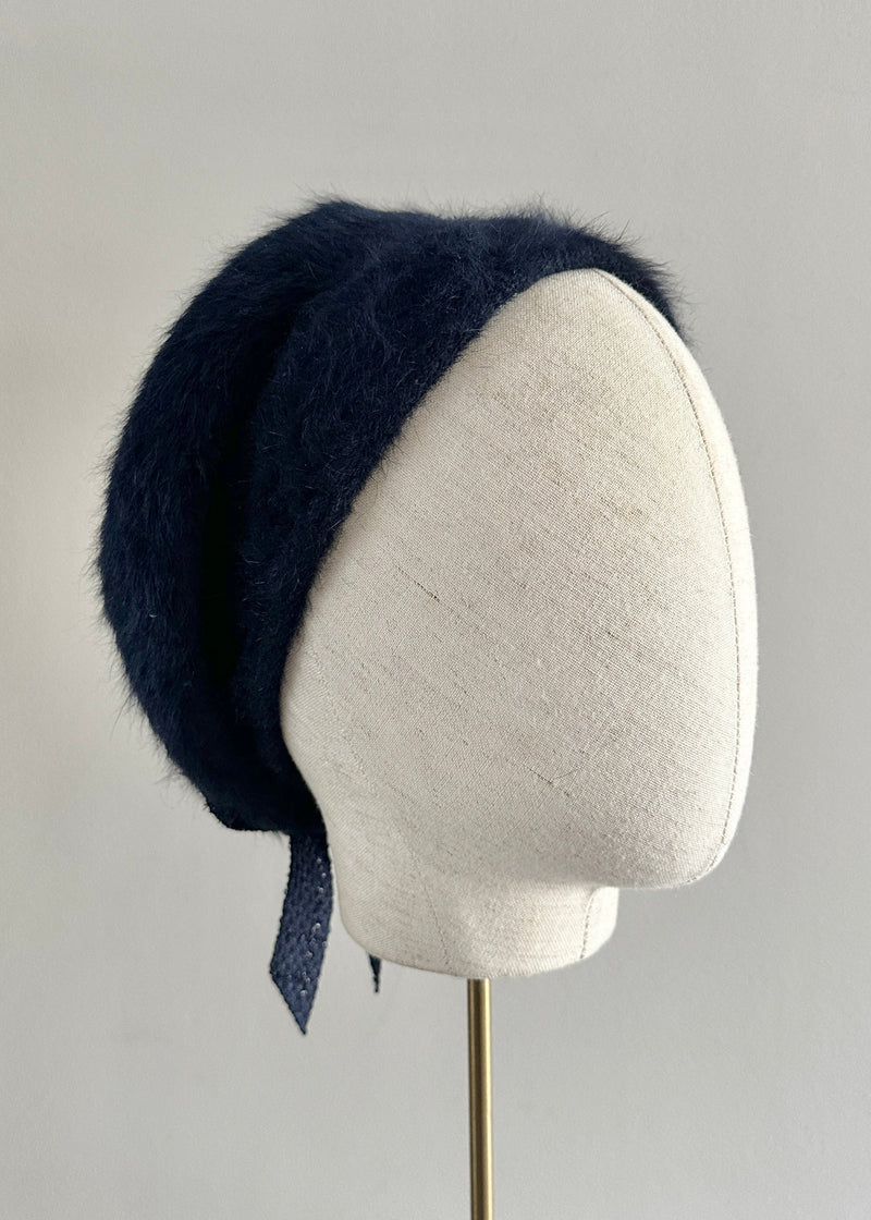 Beret in Mohair with Tweed and Crystal Bow in Navy