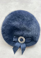 Beret in Mohair with Tweed and Crystal Bow in Navy