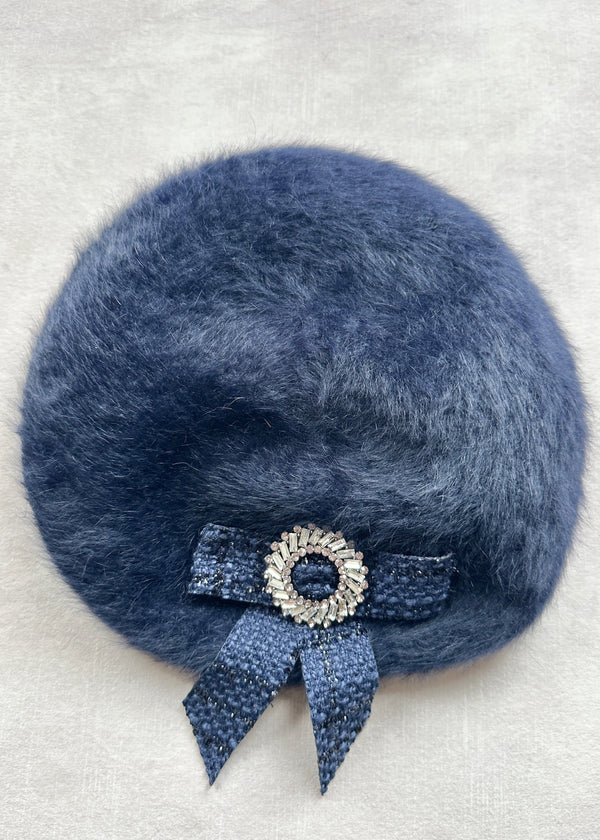 Beret in Mohair with Tweed and Crystal Bow in Navy
