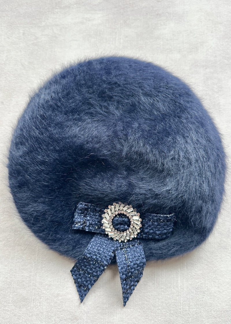 Beret in Mohair with Tweed and Crystal Bow in Navy