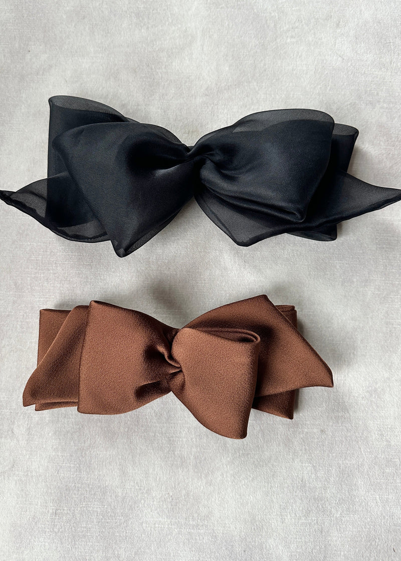 Fauna Satin Bow Hair Clip in Brown