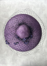 Downturned Brim Hat in Straw with Veiling and Vintage Flowers in Purple