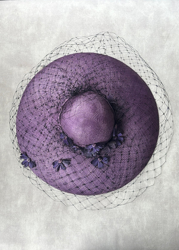 Downturned Brim Hat in Straw with Veiling and Vintage Flowers in Purple