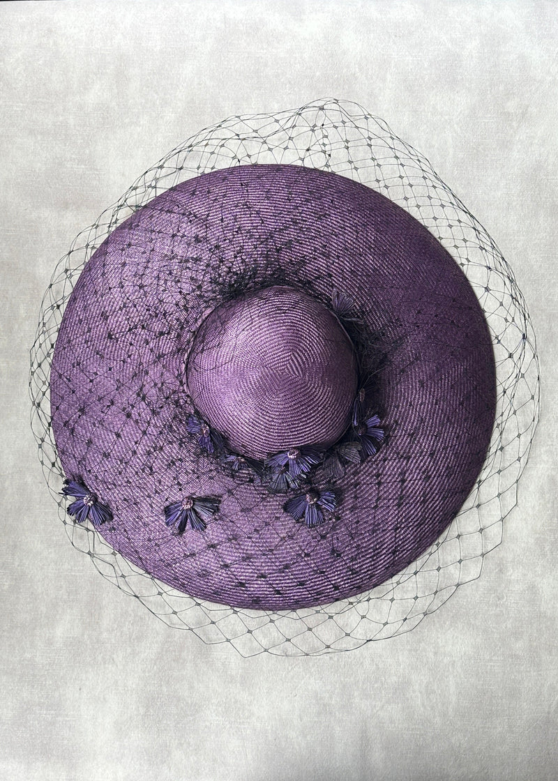 Downturned Brim Hat in Straw with Veiling and Vintage Flowers in Purple