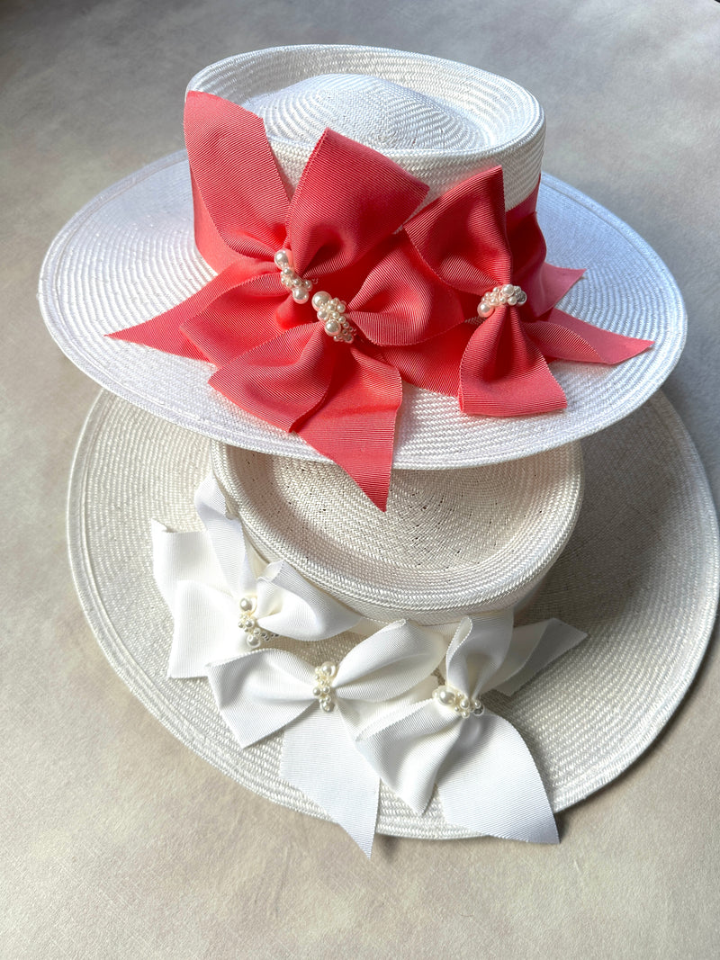 Nixi Boater in Straw with Pearls and Bow Cluster