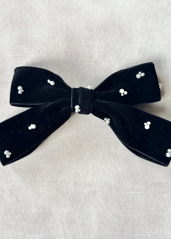 Double Velvet Small Hair Bow with Pearls in Black