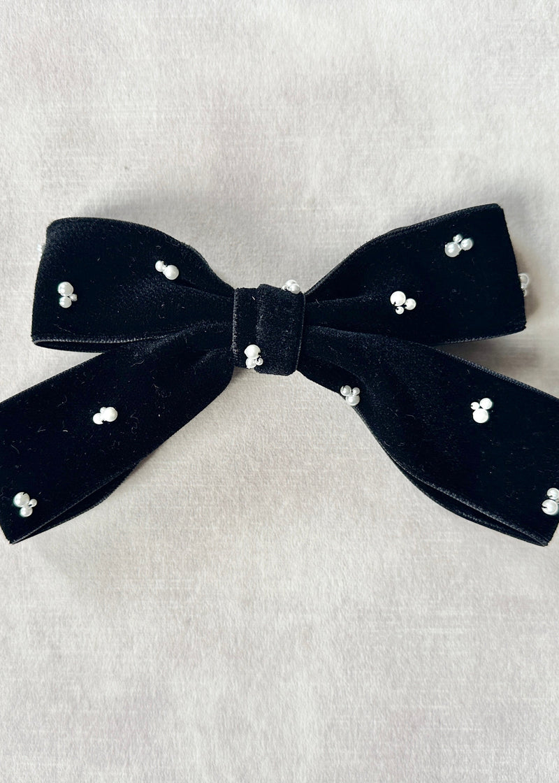 Double Velvet Small Hair Bow with Pearls in Black