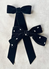 Double Velvet Small Hair Bow with Pearls in Black