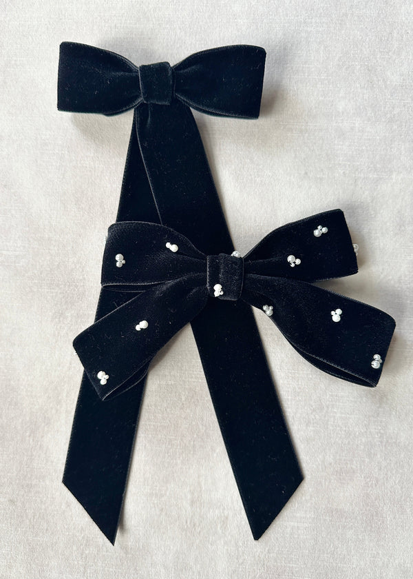 Double Velvet Small Hair Bow with Pearls in Black