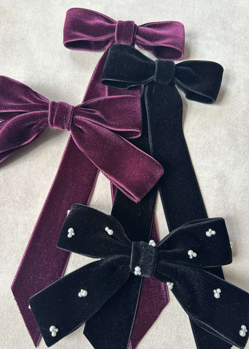 Double Velvet Small Hair Bow with Pearls in Black