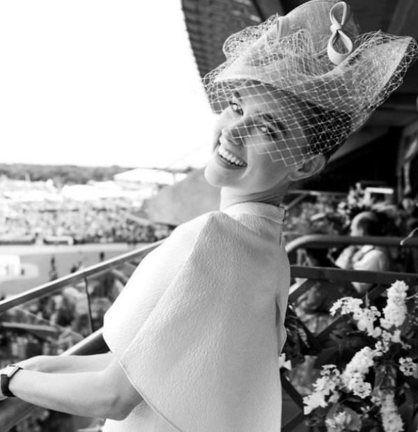 Petal Hat in Sinamay with Veiling and Buntal Bow in Silver