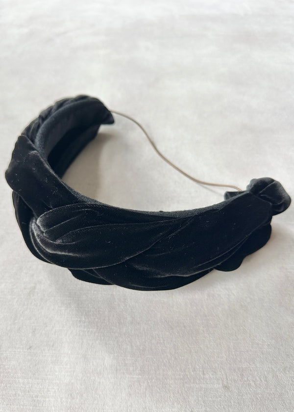Wide Plaited Velvet Headband in Black