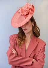 Lilaya Hat in Sinamay with Flower and Veiling in Coral