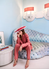 Calypso Hat in Two Tone Straw with Feathers in Red