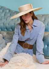 Enid Boater Hat in Straw with Satin Bow in Ivory
