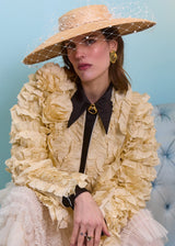 Graduating Brim Hat in Straw with Veiling and Pearls in Natural