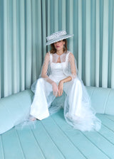 Boater Hat in Silk in Navy and White Polka Dot