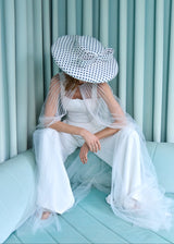 Boater Hat in Silk in Navy and White Polka Dot