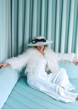 Enid Boater Hat in Straw with Feathers in White