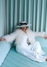 Enid Boater Hat in Straw with Feathers in White