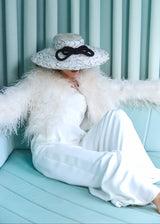 Enid Boater Hat in Straw with Feathers in White