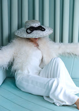 Enid Boater Hat in Straw with Feathers in White