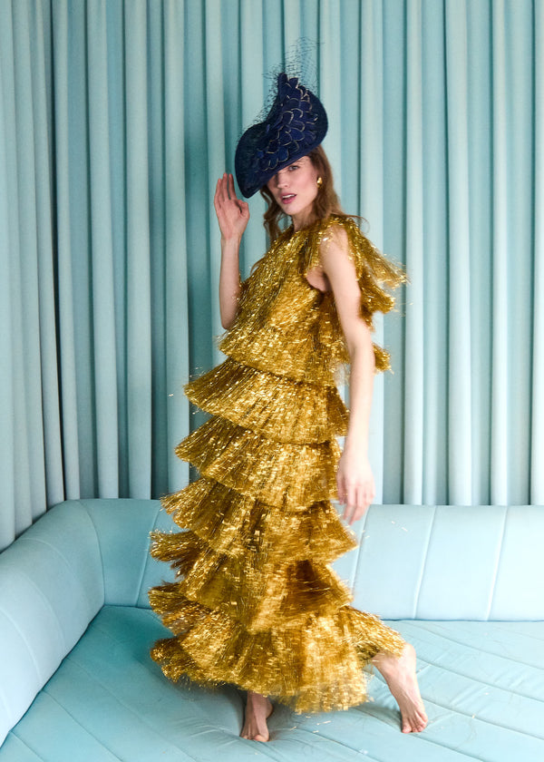 Mena Hat in Sinamay with Feathers and Veiling in Navy - Jane