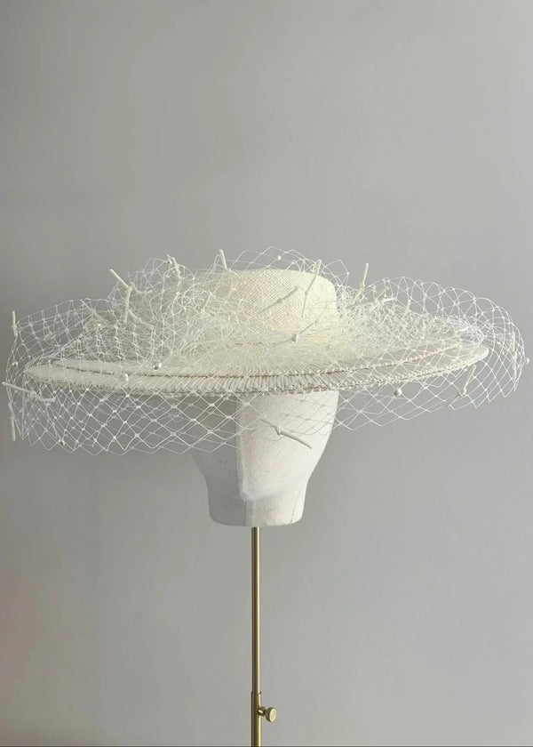 Large Brim Boater with 1950's Vintage Straw in Ivory Jane Taylor London