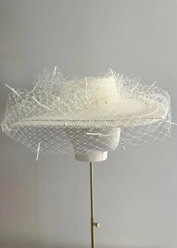 Large Brim Boater with 1950's Vintage Straw in Ivory Jane Taylor London